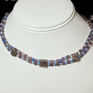 Fly Necklace Double Strand Purple & Blue Choker Necklace w Metal Flies